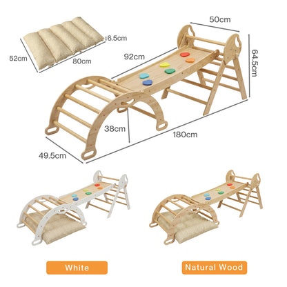 DEKKO 8 in 1 Triangle Climbing Set Kids Wooden Climber with Arch Slide Cushion