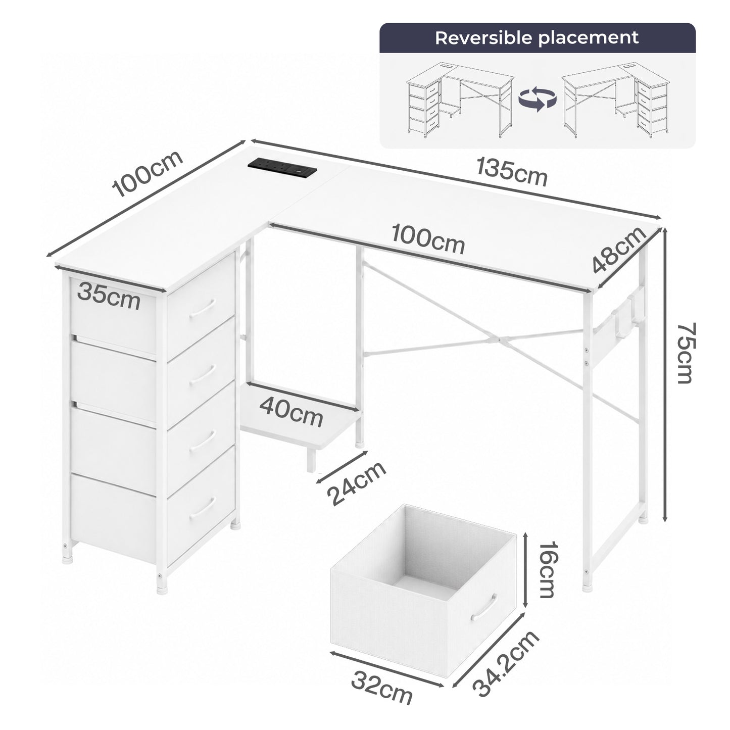 Levede Corner Desk L Shaped with Drawers Power Outlet Office Gaming Wood White