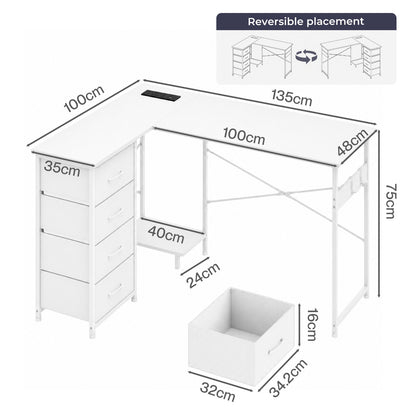 Levede Corner Desk L Shaped with Drawers Power Outlet Office Gaming Wood White
