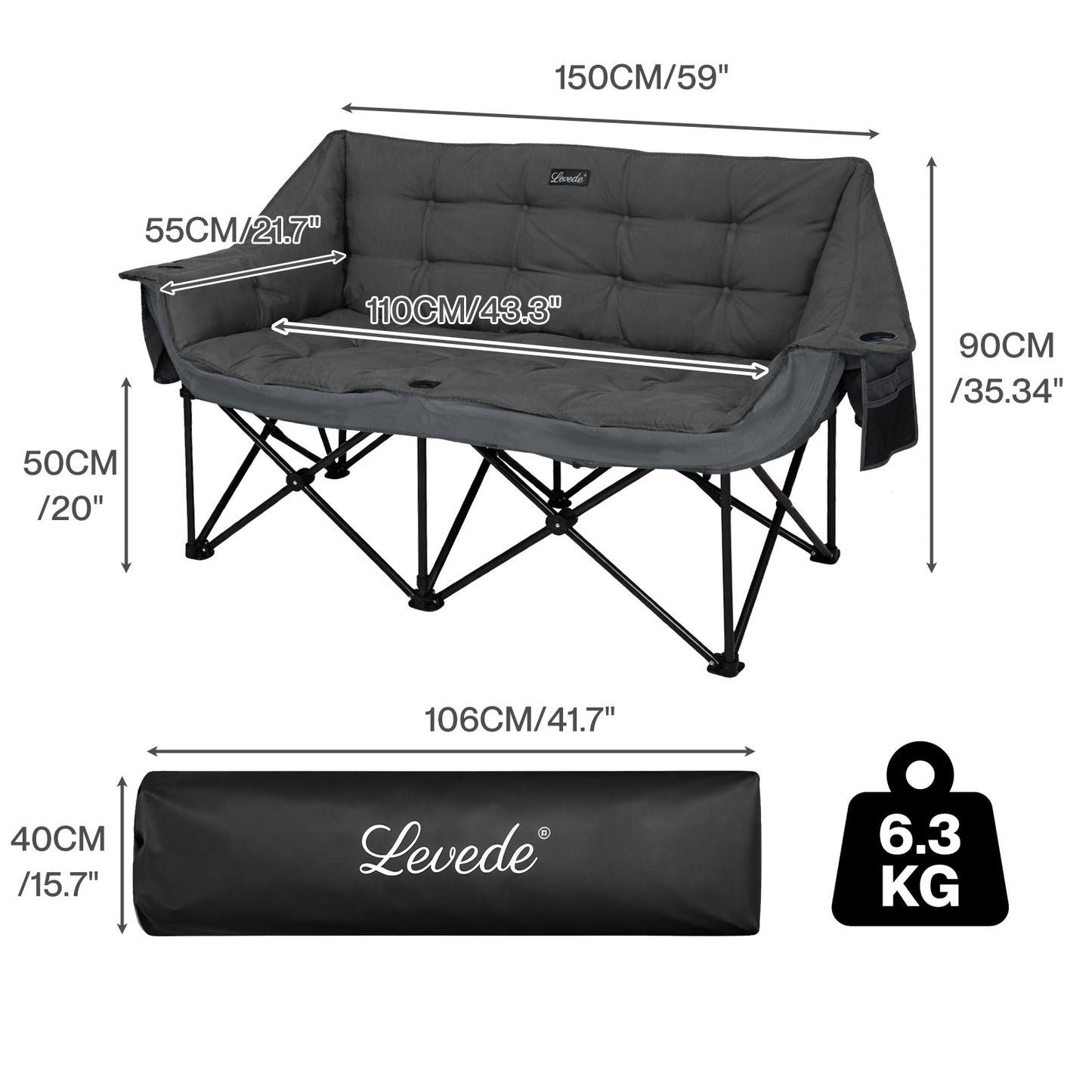 Levede Double Camping Chair 2 Seater Folding Outdoor Loveseat Garden Sofa Seat