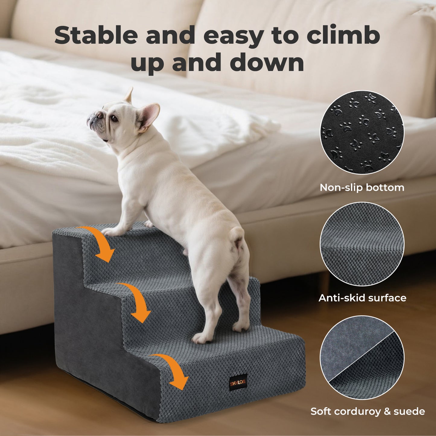 Skylos Dog Steps Pet Stairs Ramp 3 Step for High Bed Sofa Memory Foam Washable
