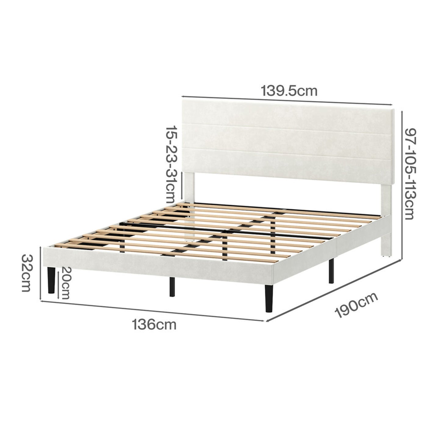 Levede Double Bed Frame with Upholstered Headboard Velvet Foam White Fabric