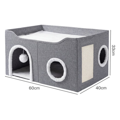 Skylos Cat House 2-Layer Large Soft Cave Cube Fluffy Ball Grey Scratching Board