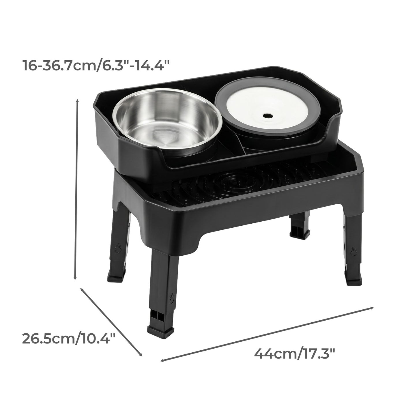 Skylos Raised Dog Bowl 4-Height Adjustable Feeding Station Full Set 1600ml Black