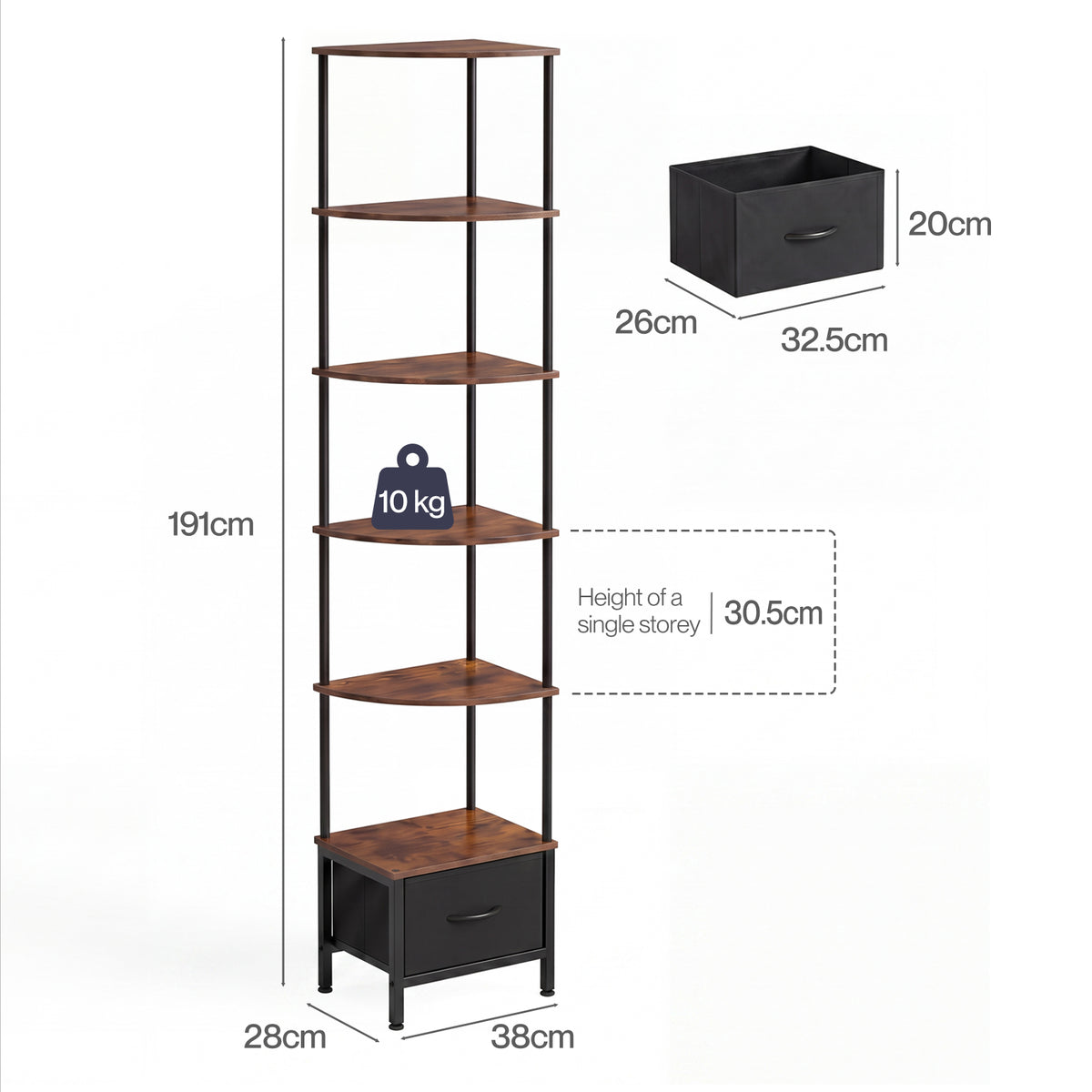 Levede Corner Bookcase Tall Corner Shelf Unit 6-Tier with LED Light Drawer Brown
