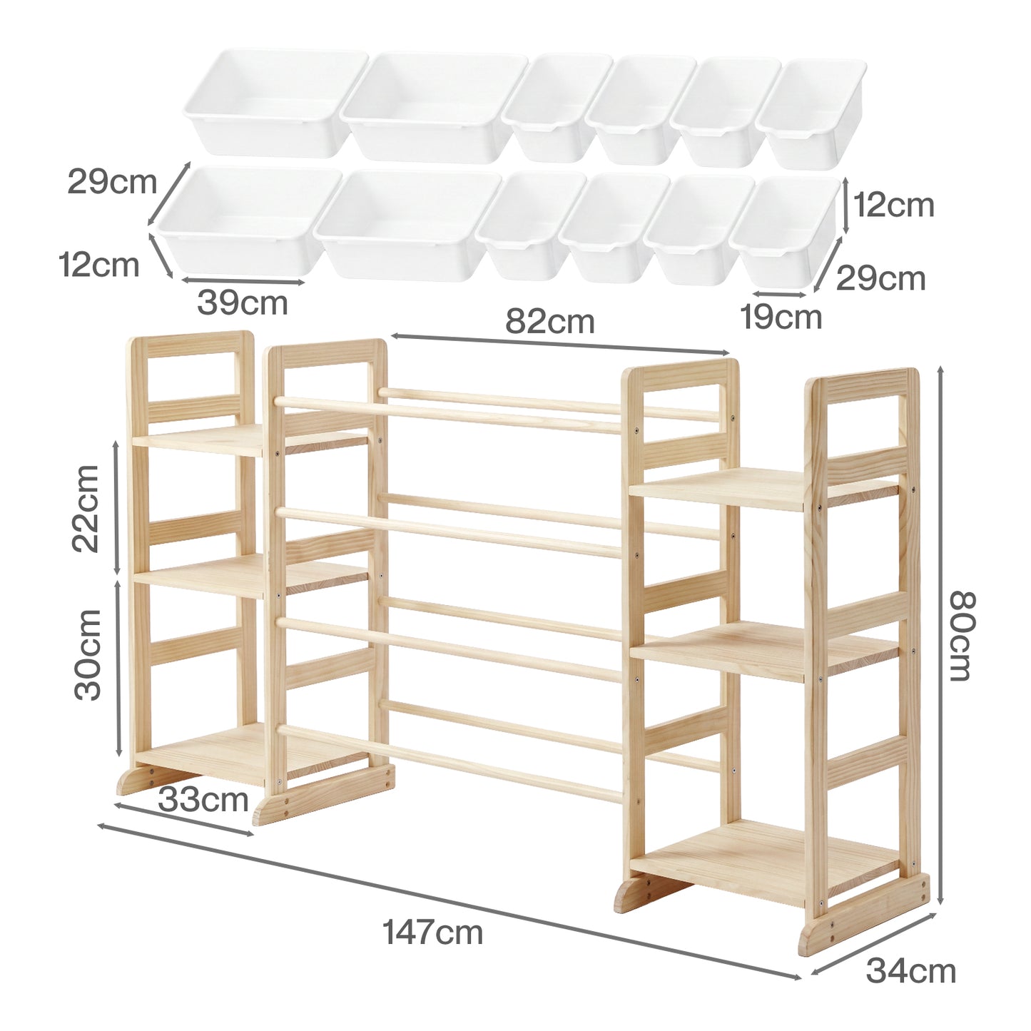 Levede Kids Toy Storage Organiser Wooden Book Shelf 12 Removable Storage Bins
