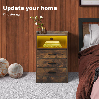 Levede Bedside Table Nightstand USB Charger Outlet RGB LED 3 Drawers Oak