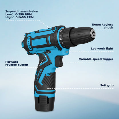 Traderight Cordless Drill Combi Driver Electric Screwdriver Set 2.0Ah Battery