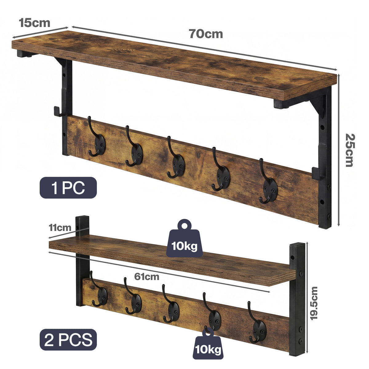 Levede Coat Rack Wall Mounted Wooden Hooks Hangers Storage Shelf