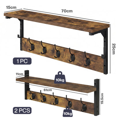 Levede Coat Rack Wall Mounted Wooden Hooks Hangers Storage Shelf