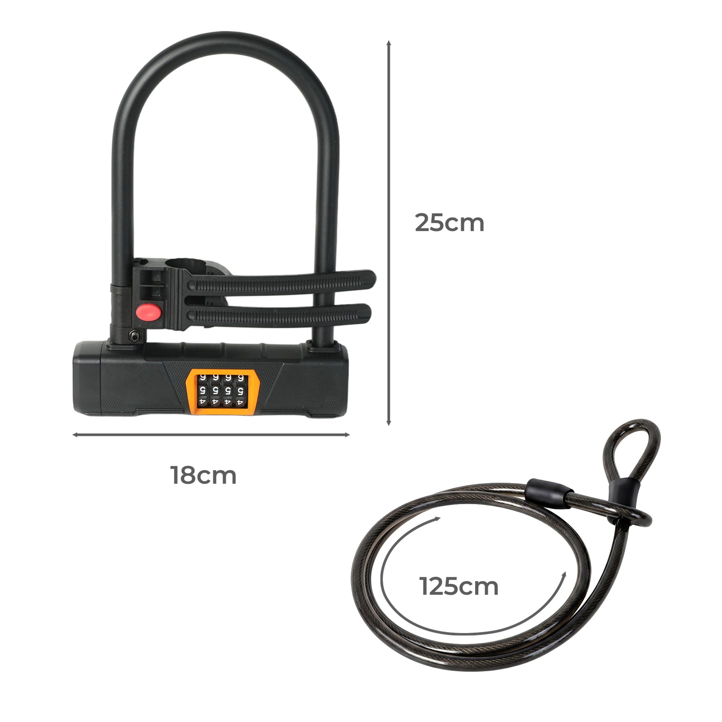 Bike Lock Combination D Lock with Cable 4 Digit Alloy Steel Black Orange