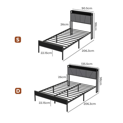 Levede Bed Frame Metal Platform Upholstered Headboard with Storage Single Double