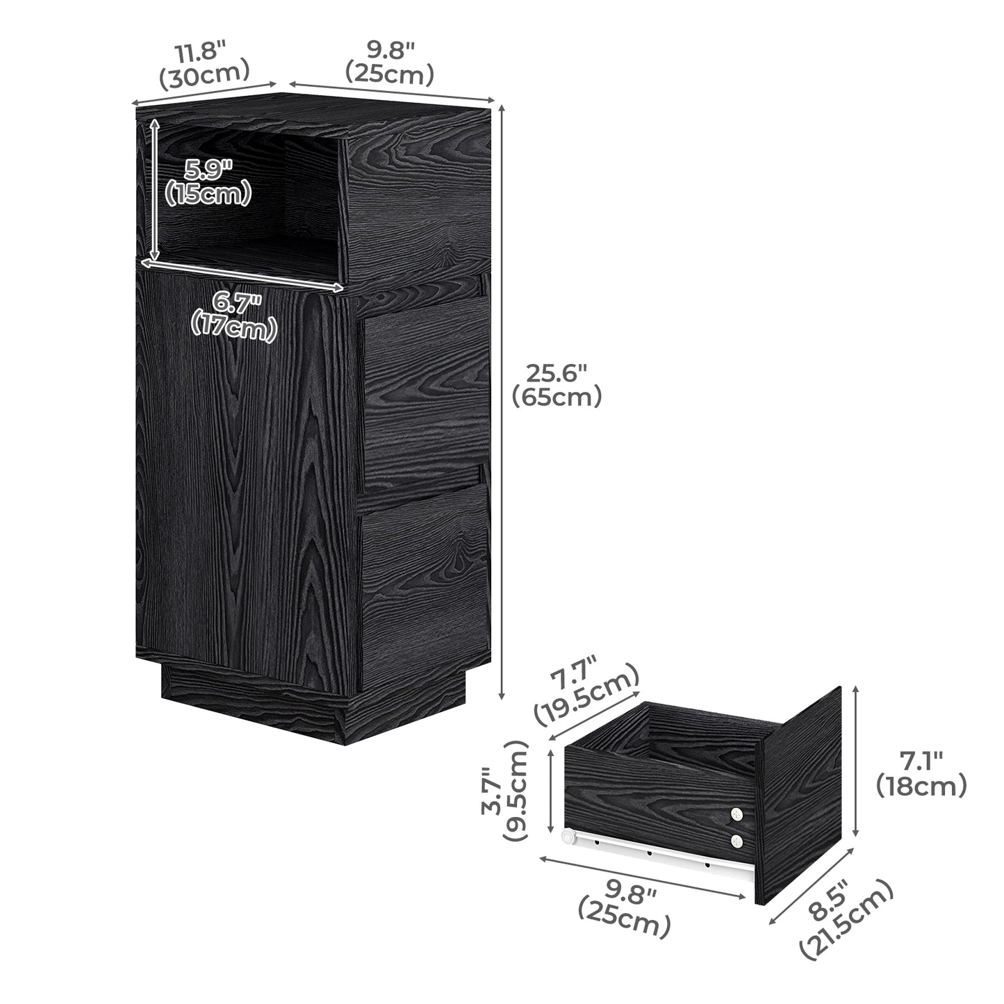 Levede Slim Bedside Table Storage Nightstand with 2 Drawers & Open Shelf Black
