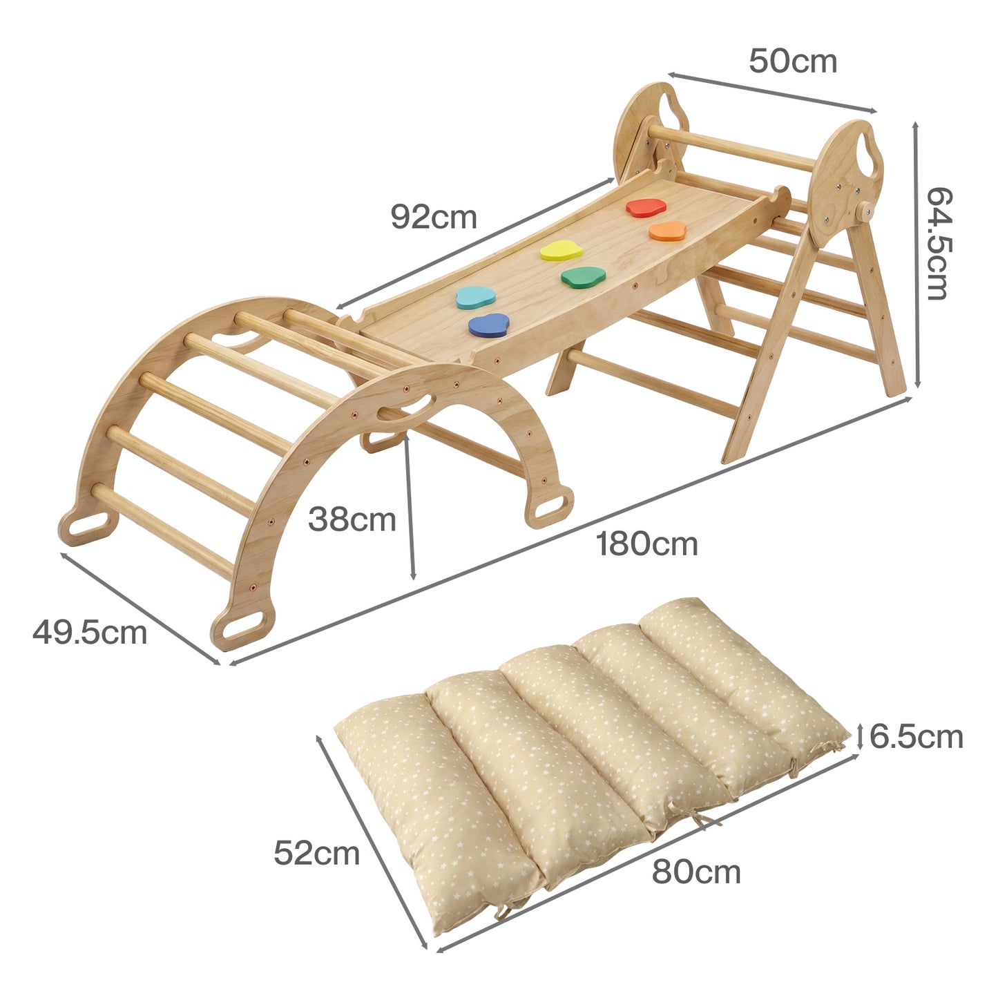 DEKKO 8 in 1 Triangle Climbing Set Kids Wooden Climber with Arch Slide Natural
