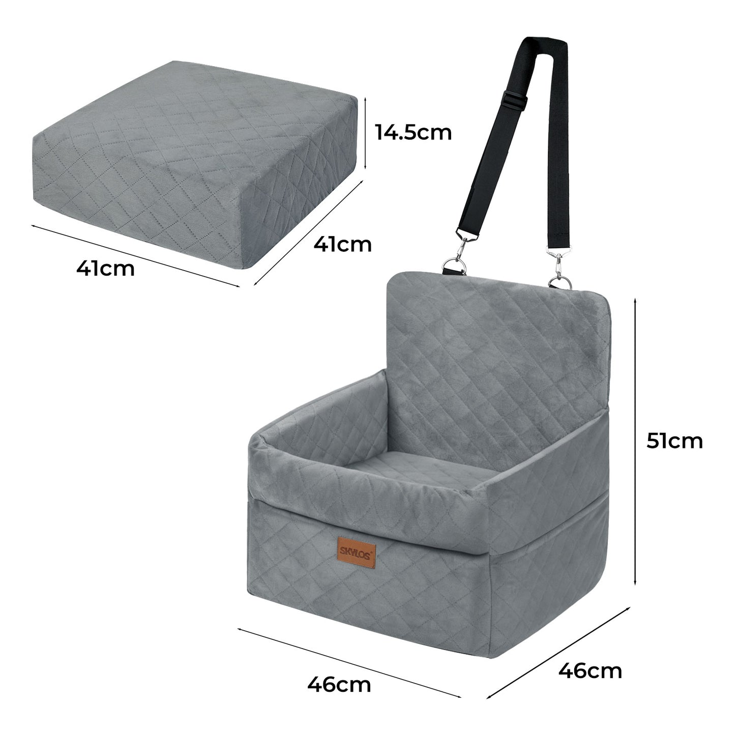 Skylos Dog Booster Car Seat Cosy Cats Pet Travel Bed with Safety Leash Grey