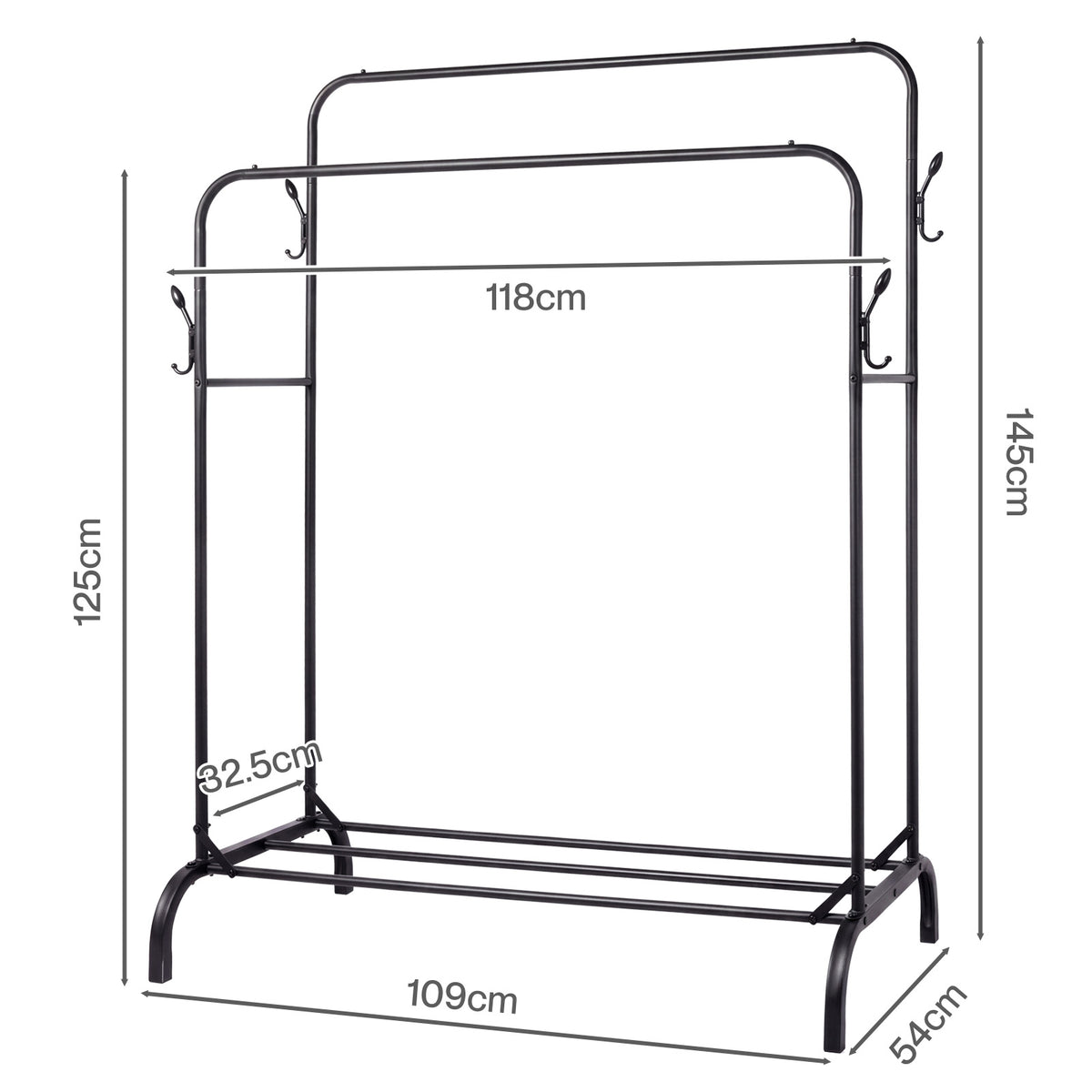 Levede Clothes Rail Heavy Duty 2 Rods Carbon Steel Rack with Shelf Bedroom Black