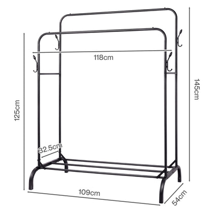 Levede Clothes Rail Heavy Duty 2 Rods Carbon Steel Rack with Shelf Bedroom Black
