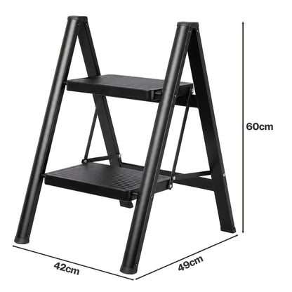 Traderight Small Step Ladder Foldable 150KG Carbon Steel Kitchen Steps Black