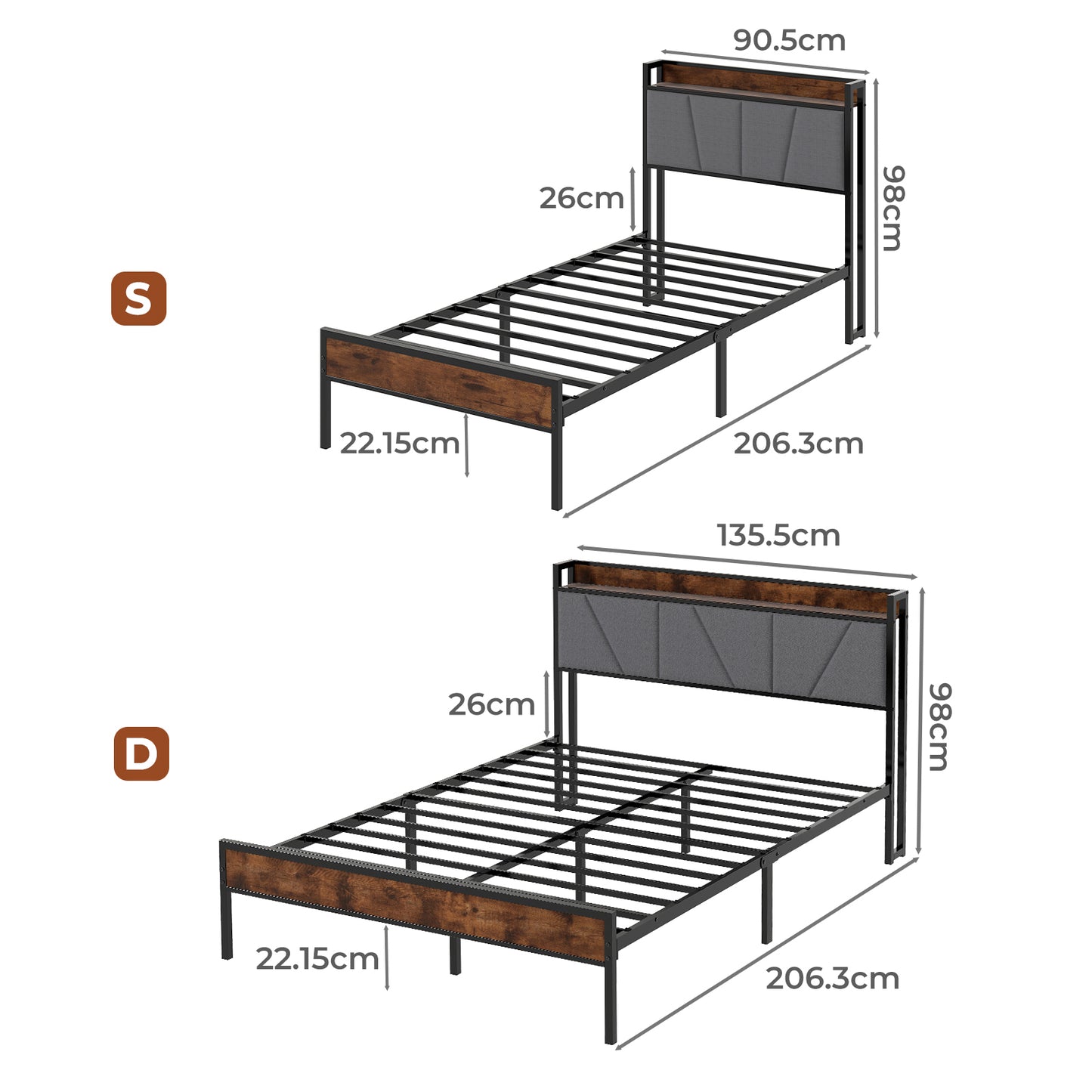 Levede Heavy Duty Bed Frame Metal Platform with Storage Headboard Single Double