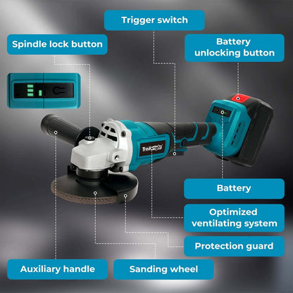 Traderight 125mm Electric Cordless Brushless Angle Grinder 21V 2x4.0Ah Battery