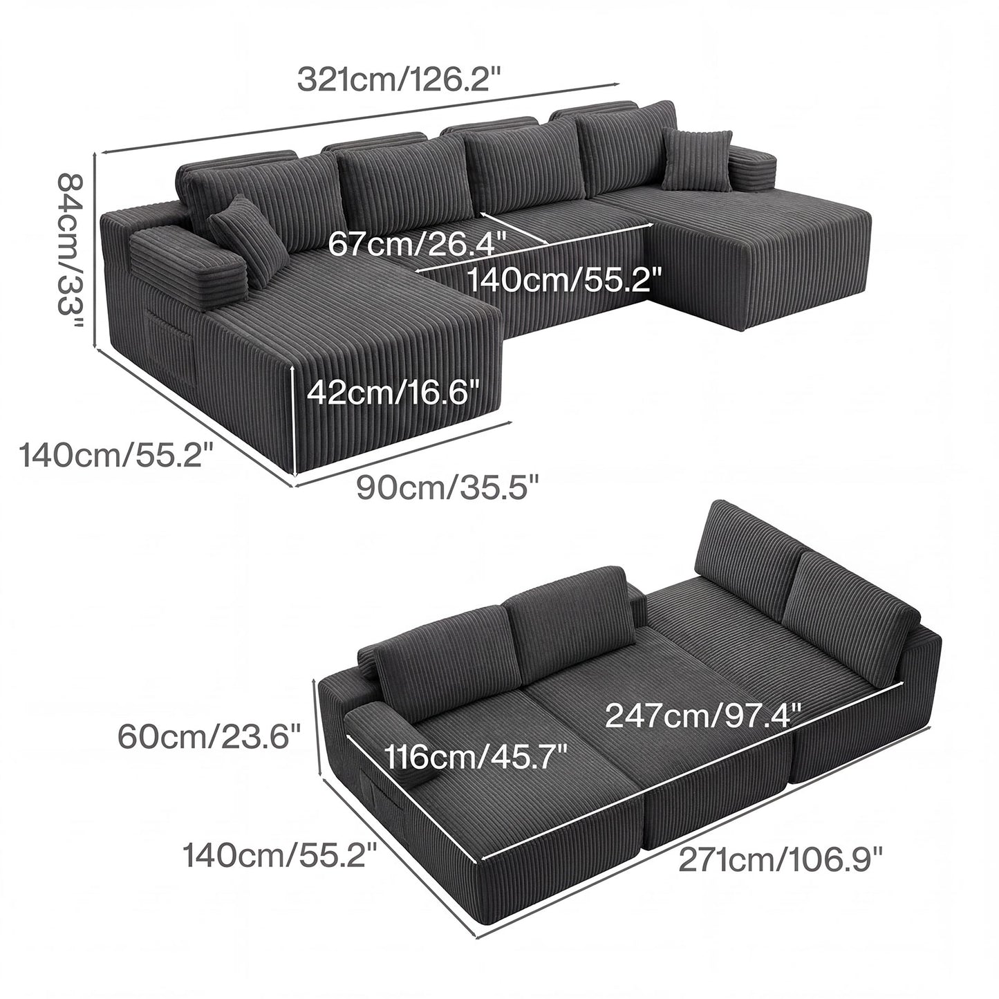 Levede Flexible Modular Sofa Cozy Memory Foam Corduroy Corner Convertible Couch