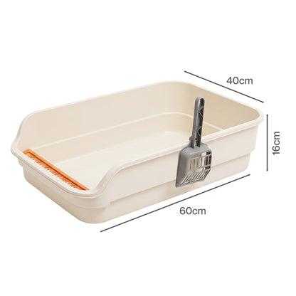 Skylos Cat Litter Tray Spacious High Sided Low Entry Open Pan for Cats Beige
