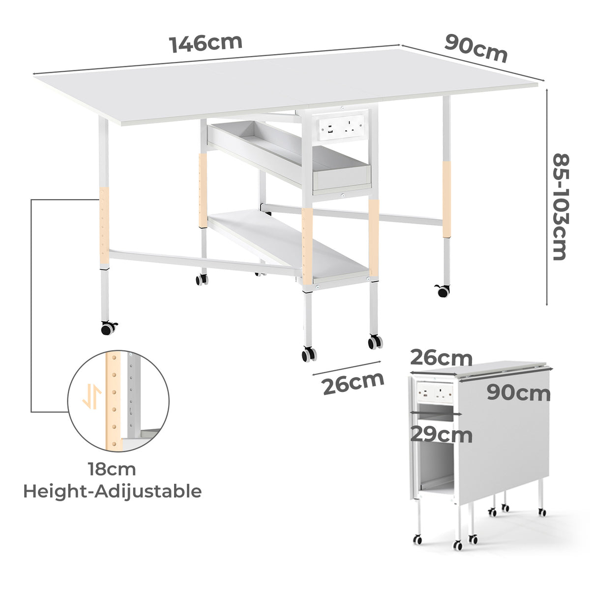 Levede Sewing Table Foldable Craft Desk Height Adjustable with Storage Black
