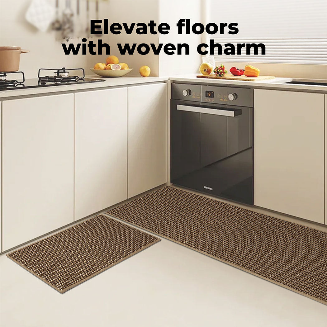 Marlow Kitchen Mat 2PCS Non Slip Woven Rubber Floor Mat Absorbent Runner Brown