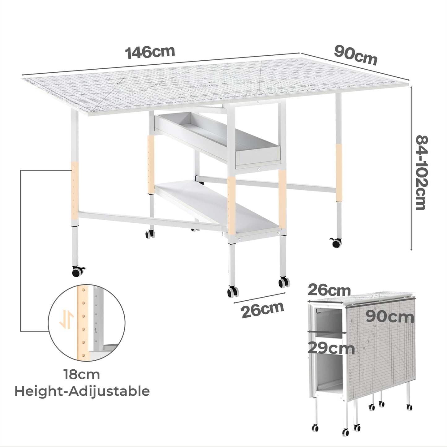 Levede Sewing Table Foldable Craft With Grid Adjustable Height Storage Black