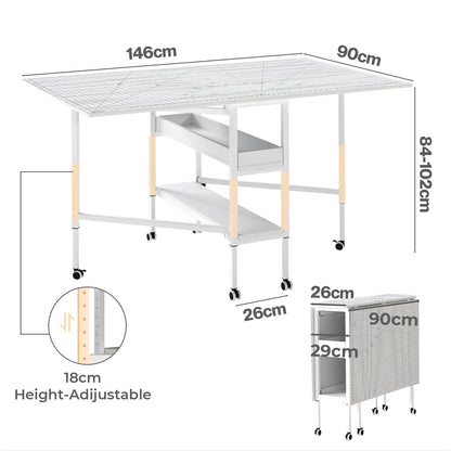 Levede Sewing Table Foldable Craft With Grid Adjustable Height Storage Black