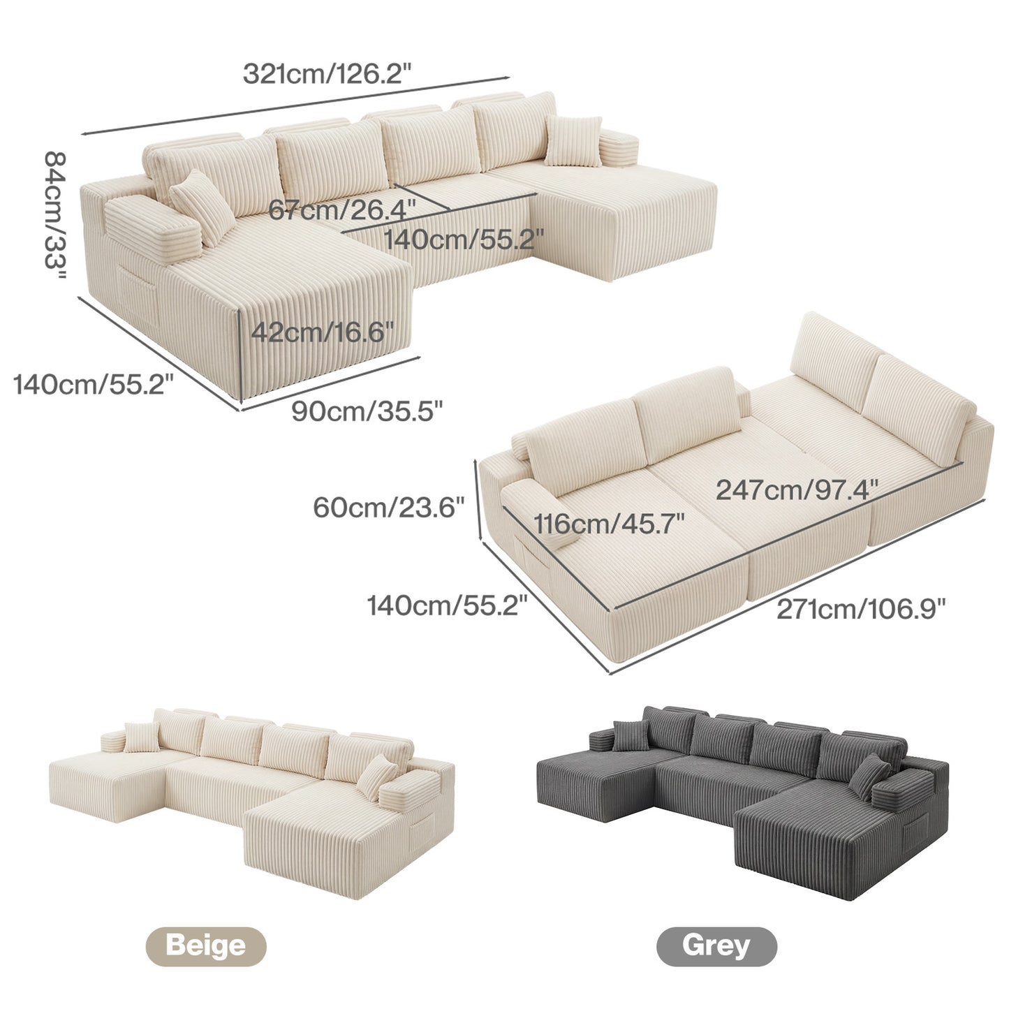 Levede Modular Sectional Sofa 4 Seater Convertible Bed Corduroy Boneless Couches