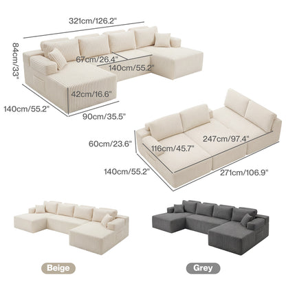 Levede Modular Sectional Sofa 4 Seater Convertible Bed Corduroy Boneless Couches