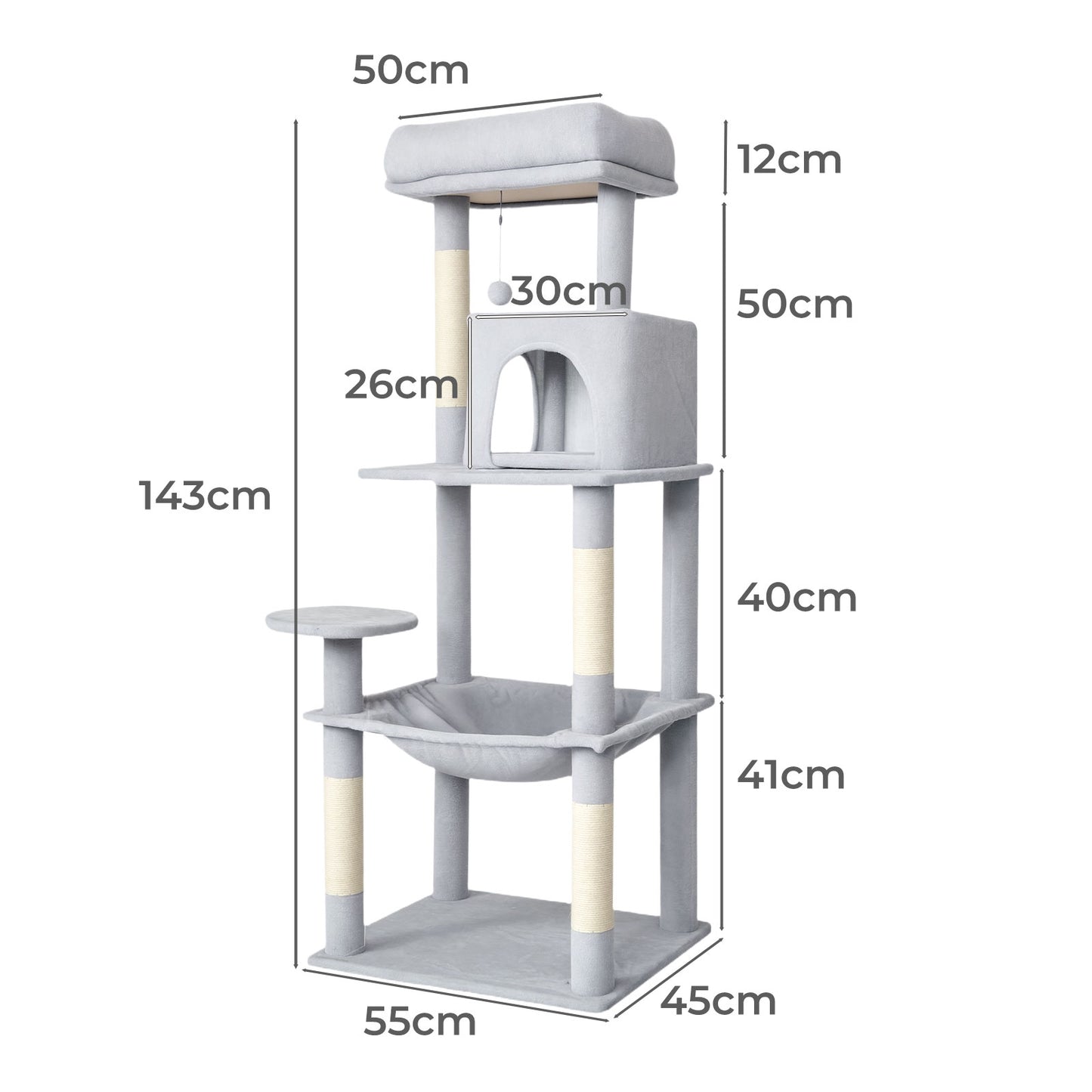Skylos 143cm Cat Tree Multilevel Scratching Post Climbing Tower Activity Centre