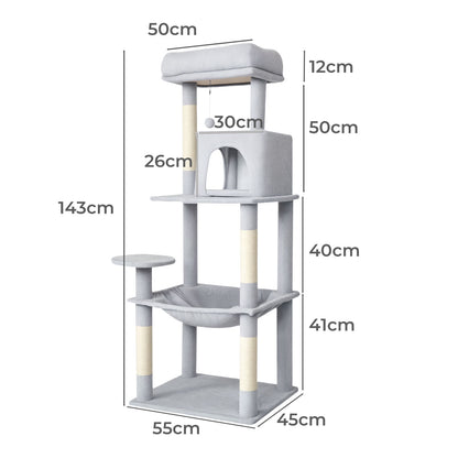 Skylos 143cm Cat Tree Multilevel Scratching Post Climbing Tower Activity Centre