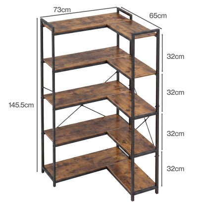 Levede Corner Bookcase 5-Tier L-Shaped Bookshelf Space-Saving Spice Walnut Black Metal