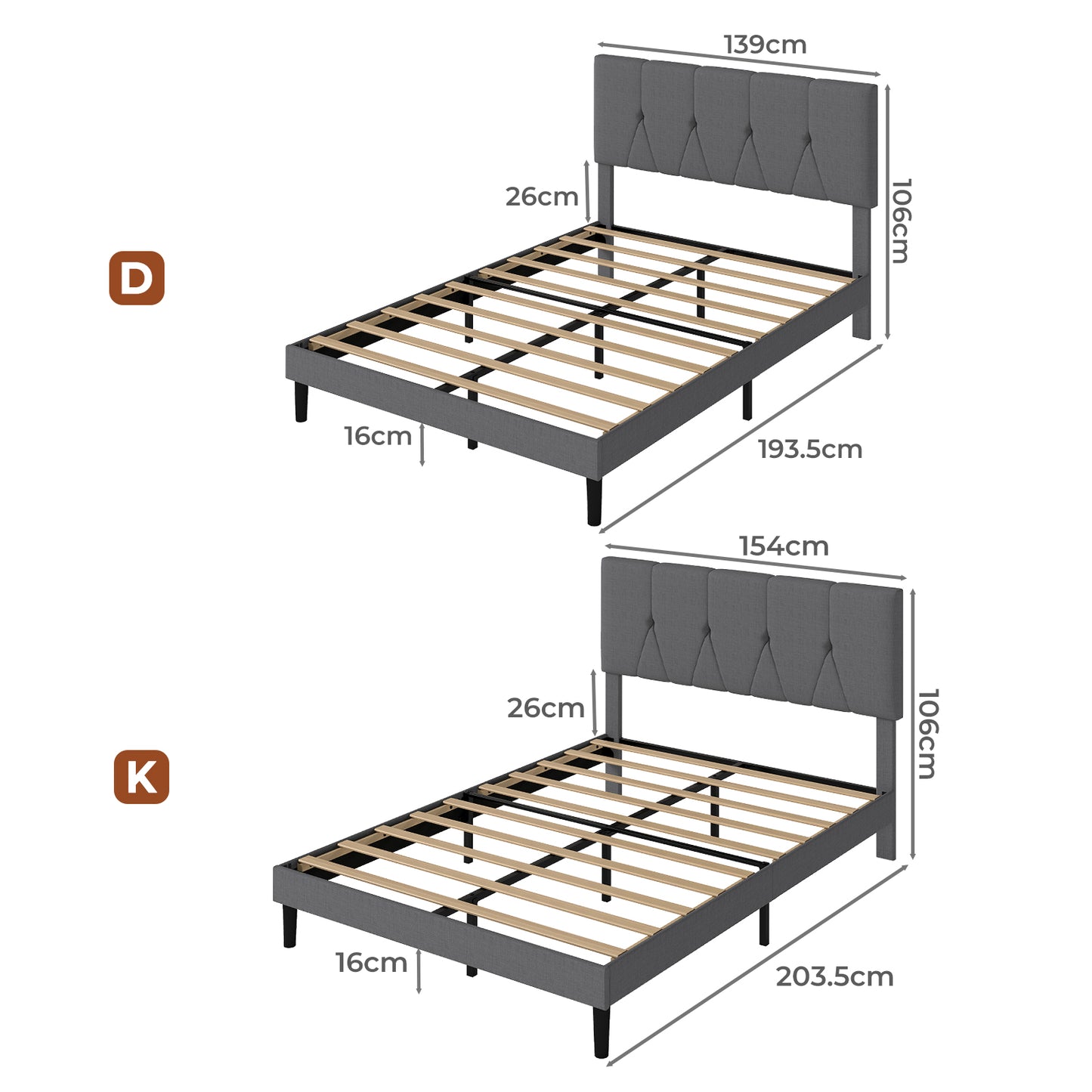 Levede Bed Frame Upholstered Linen Fabric Headboard Wooden Slat Double King Size