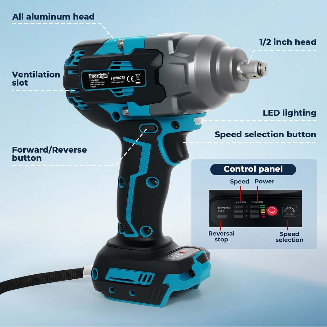 Traderight 21V Brushless Impact Wrench 1/2" Rattle Gun 2×4.0Ah 1200Nm Kit Set