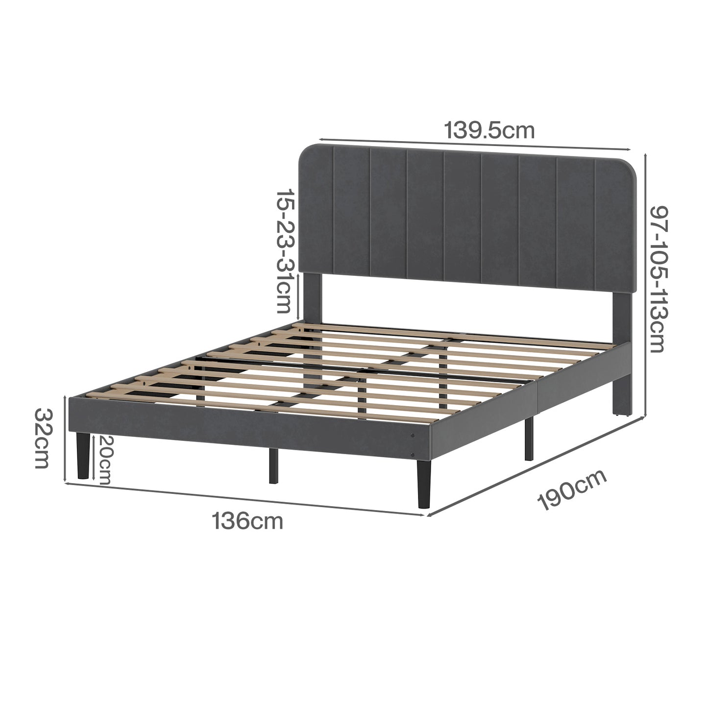 Levede Double Bed Frame with Adjustable Headboard Velvet Upholstered Dark Grey