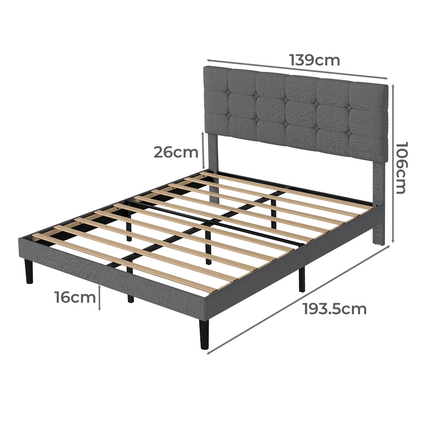 Levede Bed Frame Upholstered Linen Headboard Tufted Wooden Slat Double Size Grey