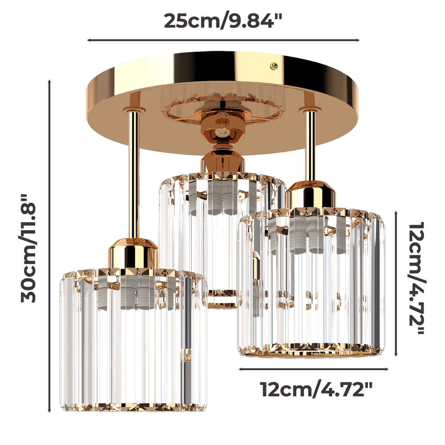 Emitto Crystal Ceiling Light 3 Light E27 Chandelier Semi Flush Mount Lamp Gold