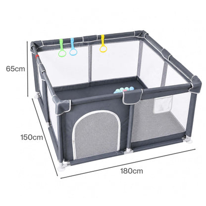 Dekko Baby Playpen 150x180cm Play Mat with 50 Ocean Balls 65cm Safe Height Grey