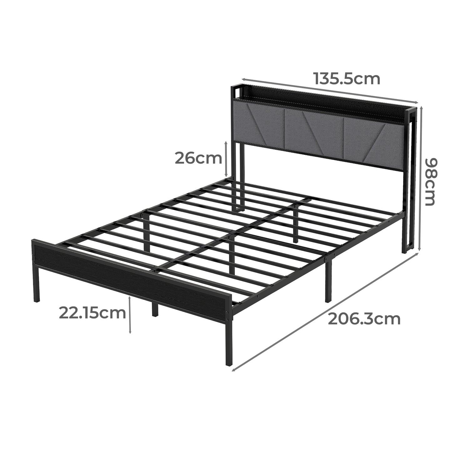 Levede Double Bed Frame Metal Platform Linen Upholstered Headboard with Storage