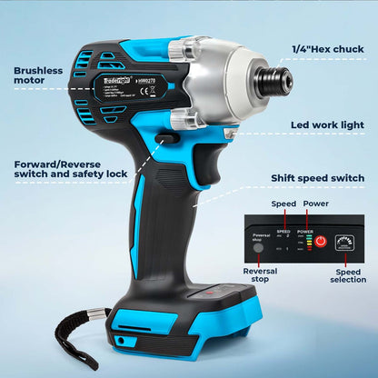 Traderight 21V Cordless Brushless Impact Driver 2 Battery 1/4" Electric Wrench