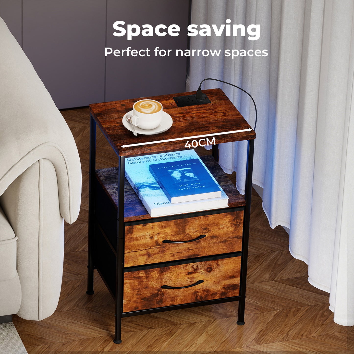 Levede LED Bedside Table 2 Drawers USB Ports Sofa End Table in Brown Black