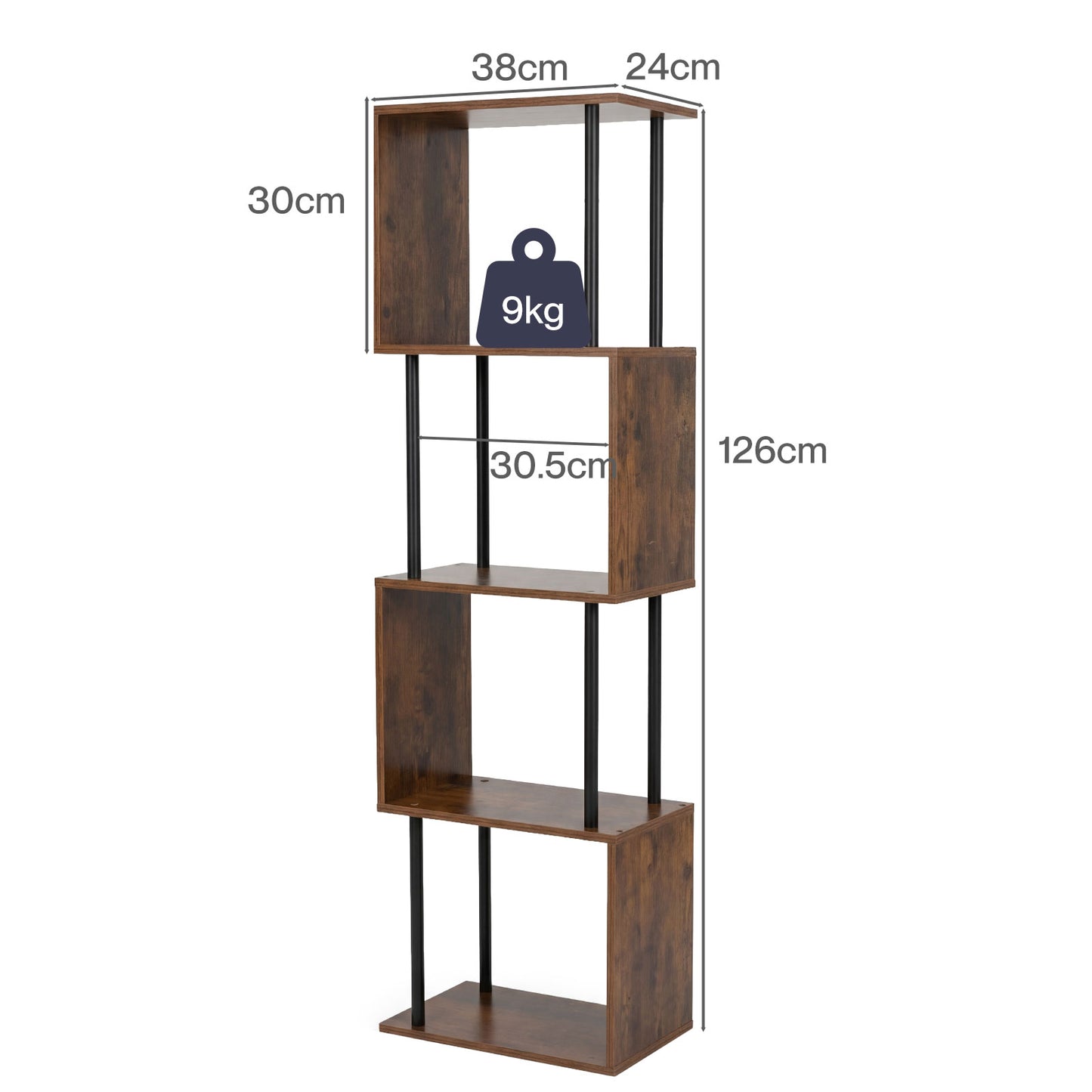 Levede 5-Tier Bookshelf S-Shaped Geometric Tall Bookcase Storage Unit Walnut