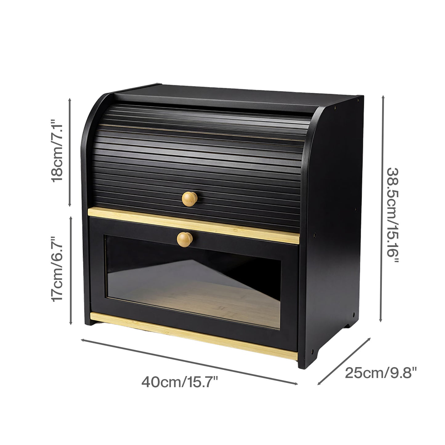 Bread Box  2-Tier Large Capacity Roll Top  Black Bamboo  Acrylic Door