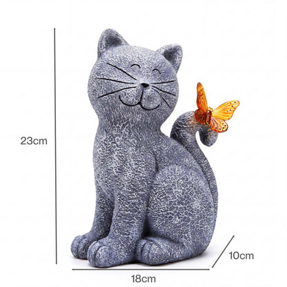 Emitto Cat Garden Ornaments Outdoor Resin Gray Orange Solar LED Decor