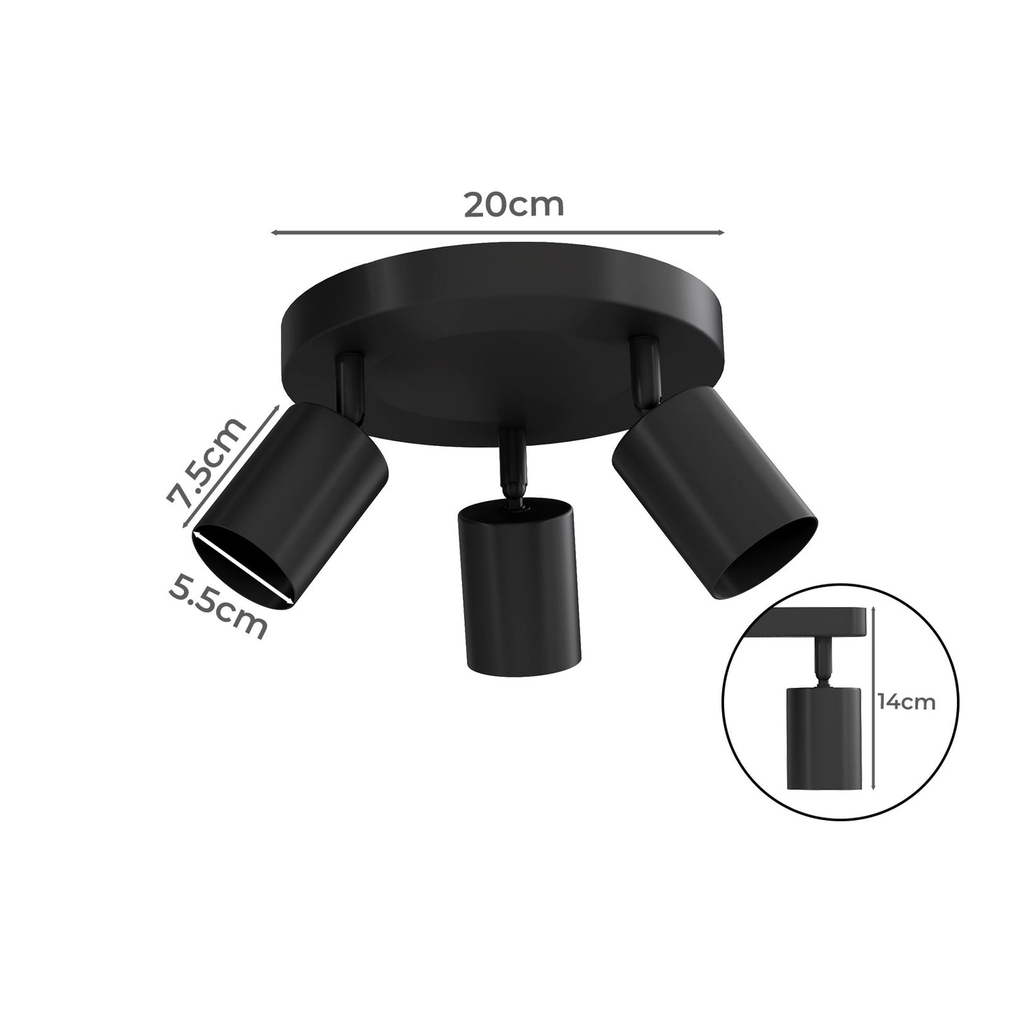 EMITTO 3-Way Spotlight Ceiling Light Adjustable GU10 Modern Black Round Base
