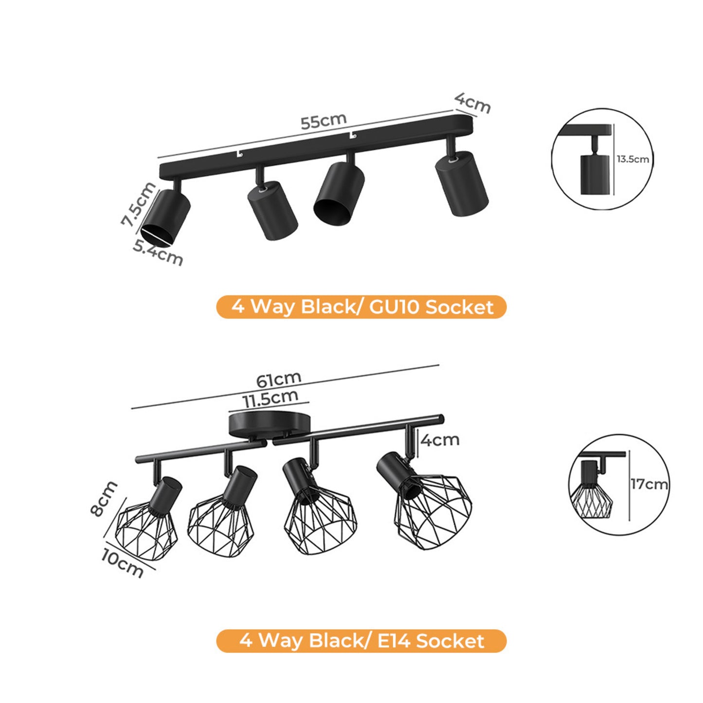 EMITTO 3-4 Way Ceiling Spotlight Adjustable Kitchen Bar Spot Light LED GU10 E14
