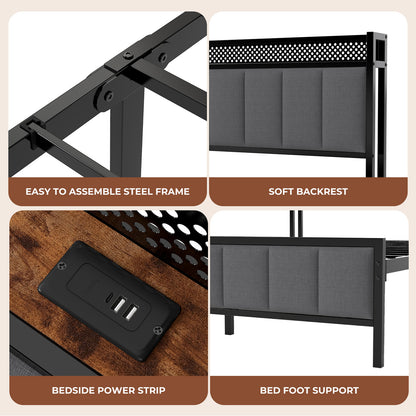 Levede Small Double Bed Frame Metal Platform LED Headboard Charging Station Grey